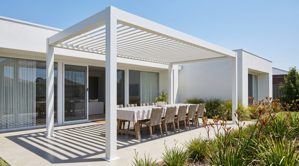 White Bernari F168 Sirius louvered pergola over outdoor dining area